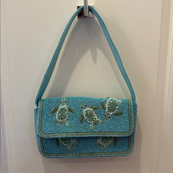 NWT made in India Aqua hand Beaded Turtle shoulder Bag - Picture 1 of 12